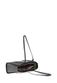 Borsa a tracolla in pelle grigio scuro con due manici, cerniera leggermente aperta che rivela l'interno in tessuto beige con testo stampato.
