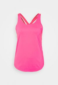 Lyserød atletisk tanktop med en afrundet kant, der har krydsede rygstropper. Lavet af let materiale, velegnet til sportstøj. Uden mønstre eller dekorationer.