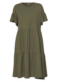 Robe en coton vert olive avec un col rond, des manches courtes volantées et un design à plusieurs niveaux, fluide. Texturé doux et coupe décontractée.