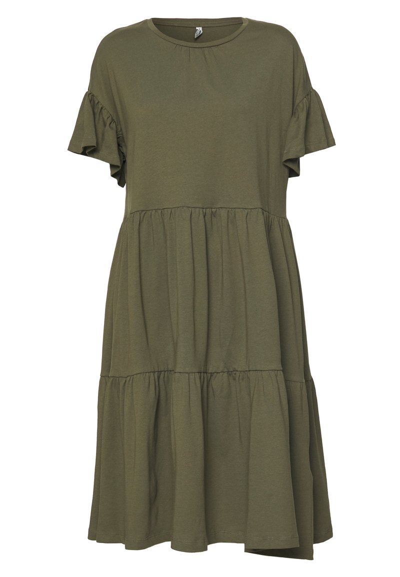Robe en coton vert olive avec un col rond, des manches courtes volantées et un design à plusieurs niveaux, fluide. Texturé doux et coupe décontractée.