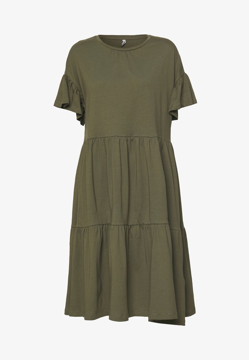 Robe en coton vert olive avec un col rond, des manches courtes volantées et un design à plusieurs niveaux, fluide. Texturé doux et coupe décontractée.