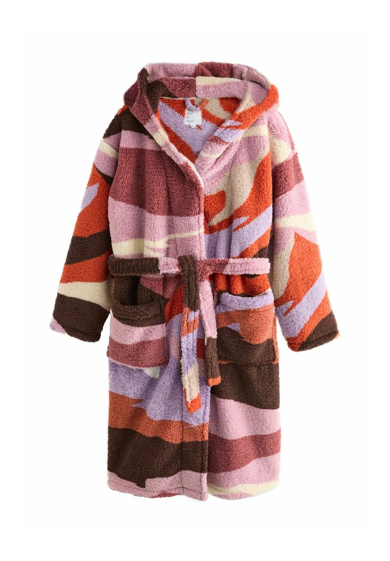 Patterned hooded robe in soft, textured fabric; features stripes in shades of pink, brown, and orange; includes belt and front pockets.