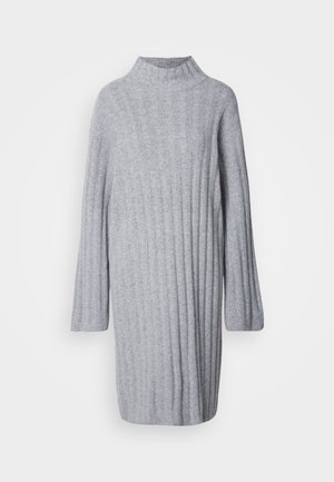 Grey knitted dress with a high collar, ribbed texture, and long sleeves. Soft fabric with a relaxed fit, reaching mid-thigh.