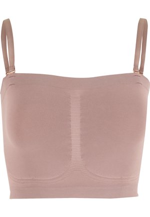 Besiūlė šviesiai ruda bandeau liemenėlė su plonomis reguliuojamomis petnešėlėmis ir rėžiuota tekstūra viršuje bei apačioje.