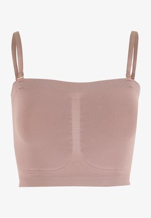 Sutien bandeau maro deschis, fără cusături, cu bretele subțiri reglabile și textură în dungi pe marginile superioare și inferioare.