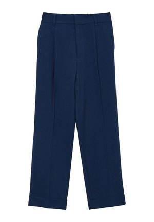 Pantalon bleu marine en tissu lisse, présentant une coupe ample, des pinces à l'avant et des ourlets roulés aux chevilles.