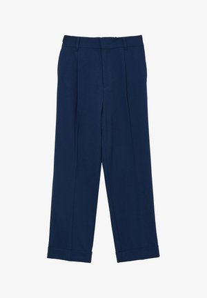 Pantaloni blu navy realizzati in un tessuto liscio, caratterizzati da una vestibilità ampia, pieghe frontali e orli arrotolati alle caviglie.