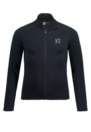 Zwarte lange mouwen jas gemaakt van glad, lichtgewicht materiaal. Voorzien van een volledige rits en een klein logo op de bovenste linkerkant.