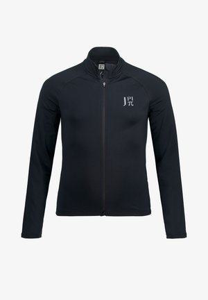 Giacca nera a maniche lunghe realizzata in tessuto leggero e liscio. Presenta una zip completa e un piccolo logo sulla parte superiore sinistra.