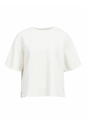 T-shirt blanc court en tissu doux, avec un col rond, de courtes manches larges et des fentes sur les côtés pour plus de liberté de mouvement.