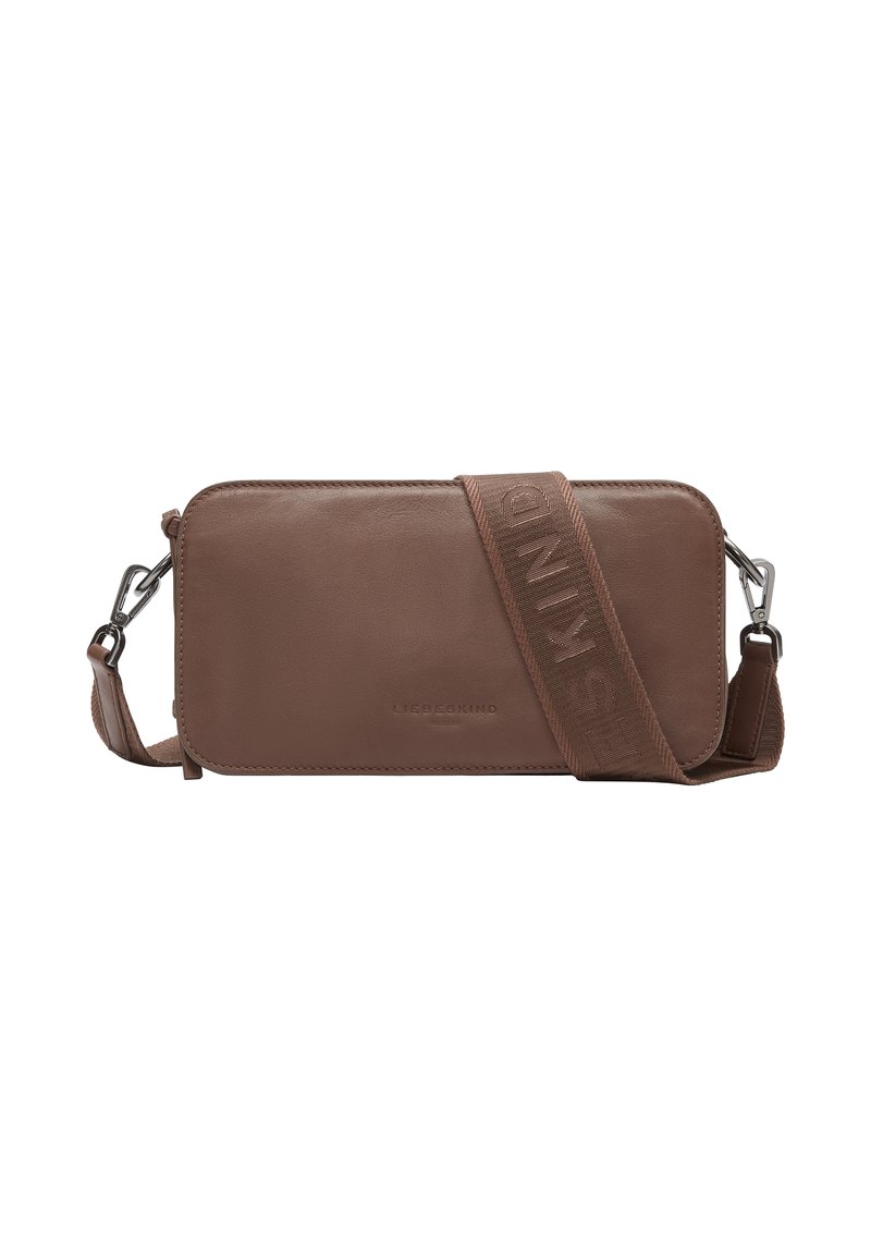 Brown leather clutch bag with a rectangular shape, featuring a textured strap labeled "LIEBESKIND," and silver hardware accents.