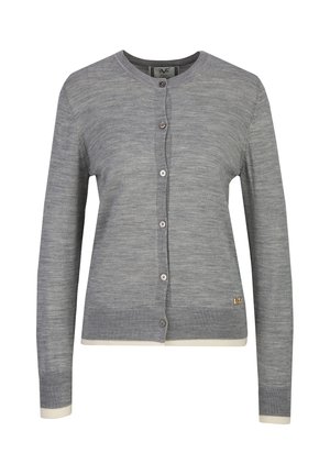 Cardigan gris clair à manches longues, col rond, fermeture boutonnée sur le devant, avec poignets et ourlet blancs.