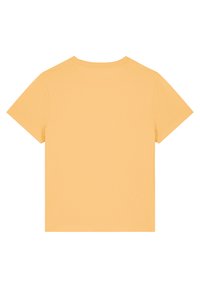 Geel T-shirt met korte mouwen en een ronde halslijn. Glad van textuur, zonder patronen. Eenvoudig ontwerp, geheel in één kleur. Achteraanzicht.
