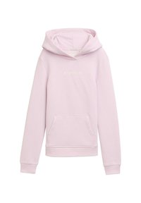 Felpa rosa chiaro realizzata in tessuto morbido, con tasca frontale, cappuccio regolabile con cordino e un branding discreto sul petto.
