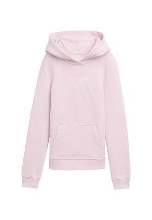 Jasnoróżowa hoodie z miękkiego materiału, z kieszenią na froncie, regulowanym kapturem na sznurku i subtelnym logo na piersi.