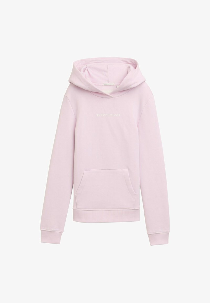 Sudadera de un suave tejido en color rosa claro, con un bolsillo frontal, capucha ajustable con cordón y un logotipo sutil en el pecho.