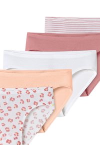 Fünf Paare Damen-Baumwoll-Bikinislips: pink einfarbig, hellpfirsich einfarbig, weiß einfarbig, sanftes pink einfarbig und weiß mit rosa Leopardenmuster.