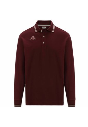 Polo a maniche lunghe color bordeaux con colletto, tre bottoni e dettagli a righe bianche sul colletto e sui polsini. Logo Kappa sul petto.