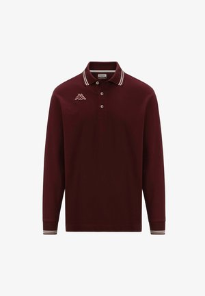 Polo a maniche lunghe color bordeaux con colletto, tre bottoni e dettagli a righe bianche sul colletto e sui polsini. Logo Kappa sul petto.