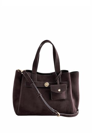 Dark brown suede handbag with two top handles, a detachable shoulder strap, a front flap pocket with button, and a gold-colored clasp.