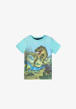 Short-sleeve T-shirt in light blue, featuring a colorful dinosaur graphic. Material is soft, with "Dino World" text at the bottom right.