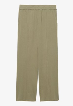 Pantalons en coton vert olive clair à jambes larges avec une taille élastique, deux poches latérales et des plis à l'avant pour un ajustement décontracté.