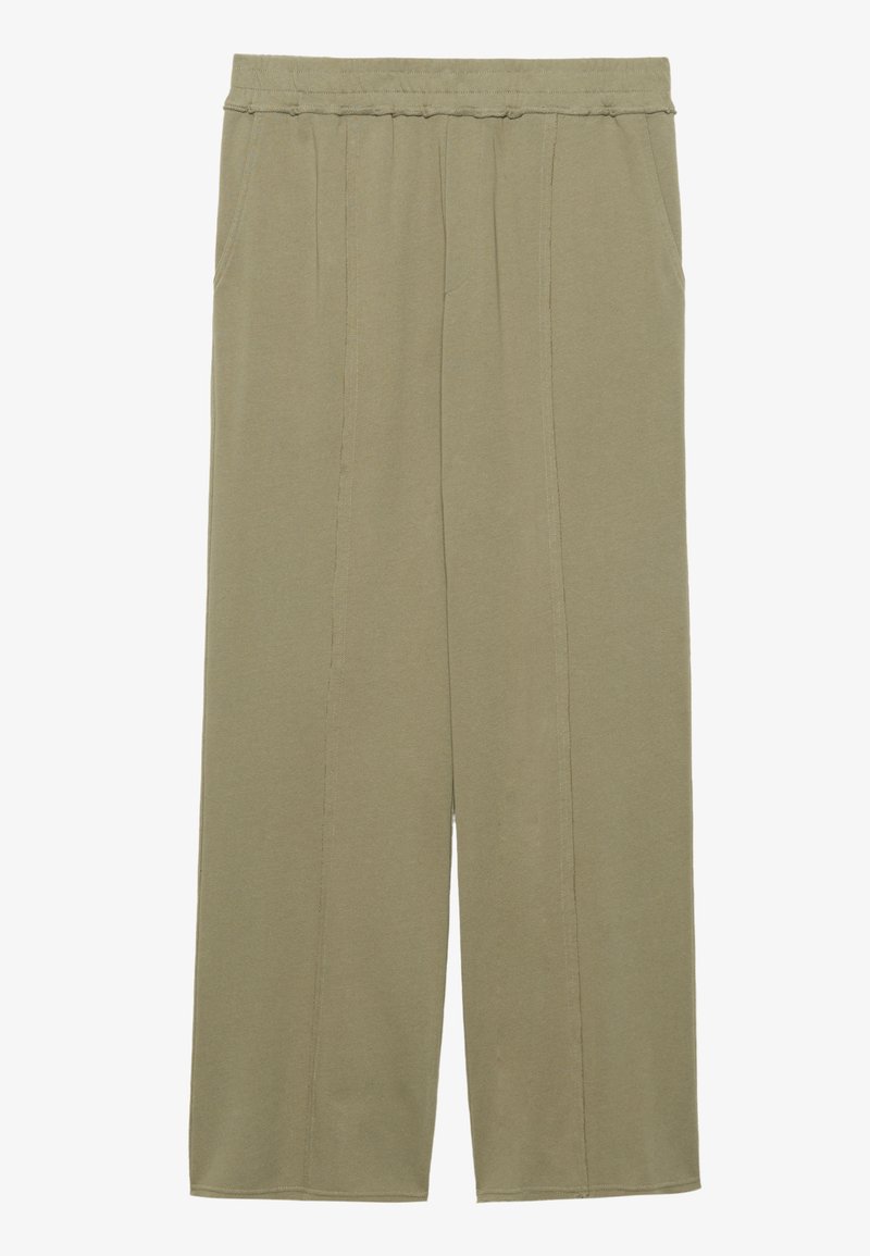 Helle olivgrüne Baumwoll-Hosen mit weitem Bein, einem elastischen Bund, zwei seitlichen Taschen und vorderen Falten für eine lockere Passform.