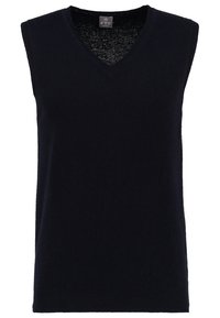 Mörkblå ärmlös stickad tröja med V-halsdesign, med en mjuk textur och ribbad fålldetalj.