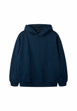 Sweat à capuche bleu marine à enfiler, manches longues, poignets côtelés, sans logos ni motifs visibles sur fond blanc.