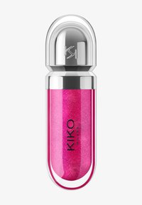 KIKO Milano lipgloss in een doorzichtige tube met een metalen zilverkleurige dop, gevuld met een felroze glinsterende vloeistof.