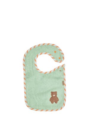 Light green baby bib with orange and white striped trim, snap closure, and embroidered brown teddy bear on the lower right corner.