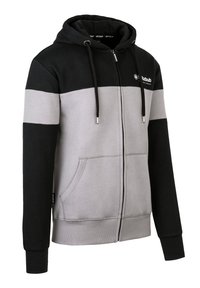 Zwart en grijs zip-up hoodie met een contrasterend ontwerp, voorzakken, verstelbare trekkoordcapuchon en ribgebreide manchetten. Zachte stoftextuur.