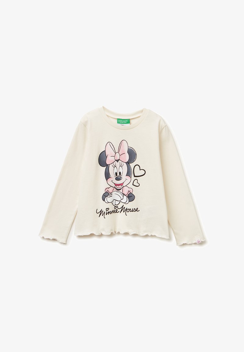 Dlouhý rukáv, krémové tričko z měkké bavlny. Obsahuje tištěnou grafiku kreslené postavičky s růžovou mašlí a srdíčky, volánkový lem.