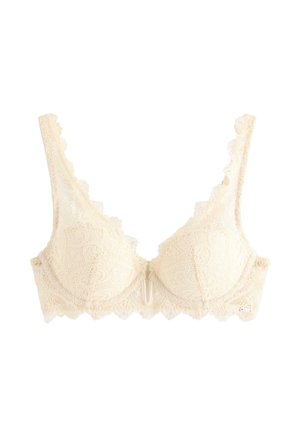 Kremfarvet blondebh med bølgekant, bøjleindlæg i skålene og dekorative blomsterprint på stropper og bånd.