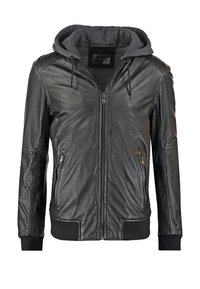 Giubbotto di pelle nera con felpa grigia staccabile, chiusura frontale con zip, polsini e orlo a costine, due tasche laterali con zip, superficie liscia.