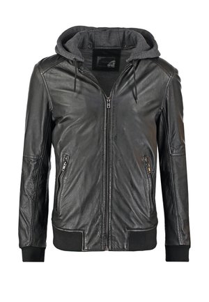 Chaqueta de cuero negra con capucha gris desmontable, cierre frontal con cremallera, puños y dobladillo acanalados, dos bolsillos laterales con cremallera, textura suave.