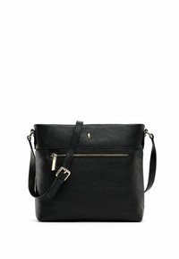Czarna skórzana torebka na ramię o fakturze skóry naturalnej, z zamykaną na zamek kieszenią z przodu i regulowanym paskiem. Posiada elegancki, minimalistyczny design.