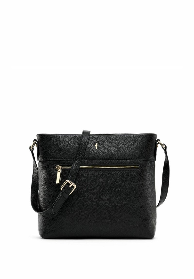 Czarna skórzana torebka na ramię o fakturze skóry naturalnej, z zamykaną na zamek kieszenią z przodu i regulowanym paskiem. Posiada elegancki, minimalistyczny design.