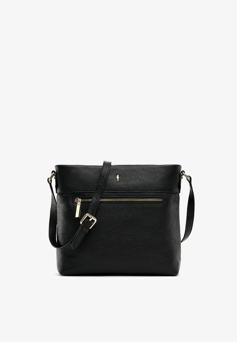 Czarna skórzana torebka na ramię o fakturze skóry naturalnej, z zamykaną na zamek kieszenią z przodu i regulowanym paskiem. Posiada elegancki, minimalistyczny design.