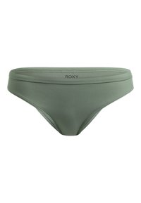 Zelené pruhované bikini spodné diely s hladkým pásom. Obsahujú jemné označenie vpredu. Materiál vyzerá elasticky a priliehavo.