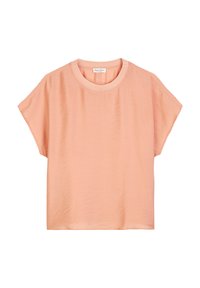 T-shirt à manches courtes et col rond en tissu doux de couleur pêche. Présente une coupe oversized avec une texture lisse et un minimum de détails.