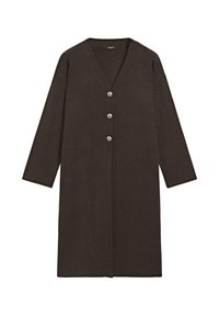 Cardigan marron long en tissu doux avec un col en V et trois grands boutons métalliques sur le devant. Il présente des manches larges.