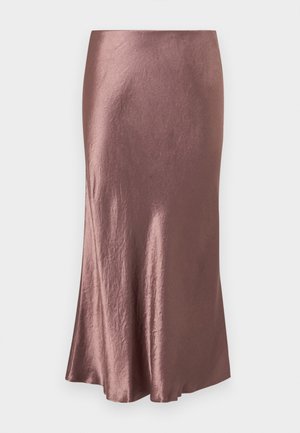 Satin midi skirt in a mauve color, smooth texture, slightly flared hem, with a simple design and no visible fastenings or embellishments.