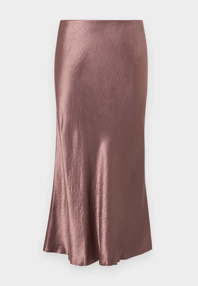 Jupe midi en satin de couleur mauve, texture lisse, ourlet légèrement évasé, avec un design simple et sans fermetures ni embellissements visibles.