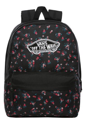 Czarny plecak z małym czerwonym i różowym kwiatowym wzorem, przednia kieszeń na zamek, wyściełane paski oraz białe logo "Vans Off The Wall" z przodu.