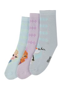 Drei Paar Socken in Pastellfarben. Eines hat Figuren, darunter ein blondes Mädchen und einen Schneemann. Die Designs enthalten Rautenmuster.