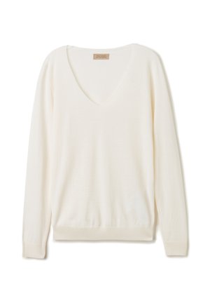 Pull en v beige clair avec des manches longues, des poignets et un ourlet côtelés. Fabriqué en tissu doux avec une texture lisse et un design simple.