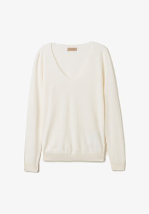 Cremefarbener V-Ausschnitt-Pullover mit langen Ärmeln, gerippten Bündchen und Saum. Hergestellt aus einem weichen Stoff mit glatter Textur und einfachem Design.