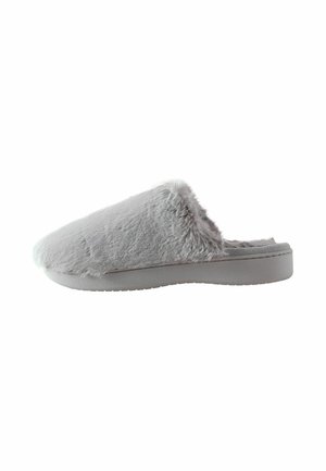 Single gray slipper with soft, fluffy fabric exterior and cushioned sole, shown in side view on a white background.