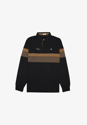 Polo shirt noir à manches longues avec des rayures horizontales marron et beige, col, patte de boutonnage, et "Blanco 1958" brodé sur la poitrine.